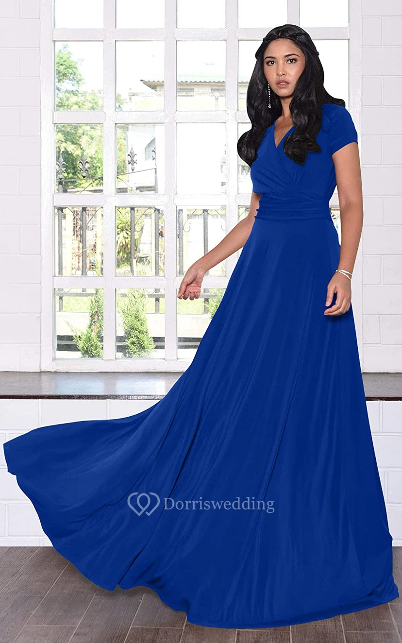 Modern Jersey V-neck Short Sleeve Mother Dress With Criss Cross and Pleats view 8