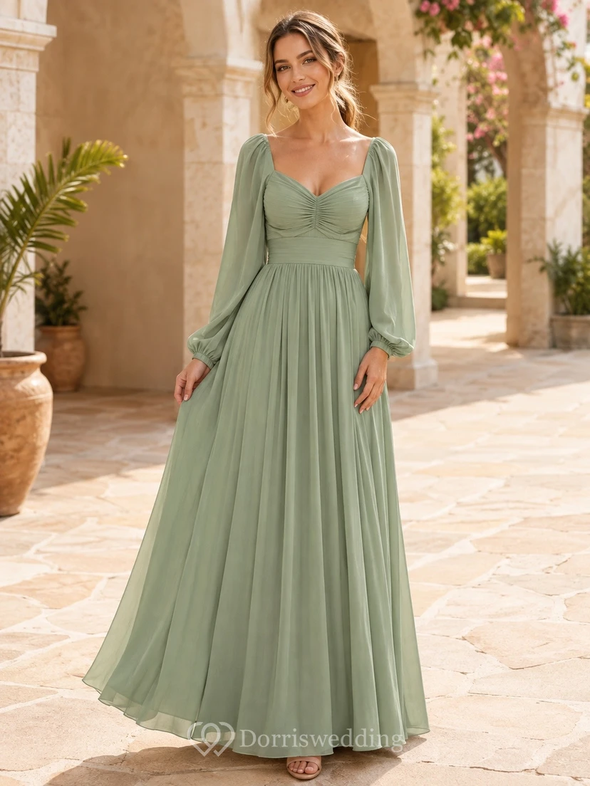 Long Sleeve Sage Sweetheart A-Line Floor-Length Formal Bridesmaid Dress