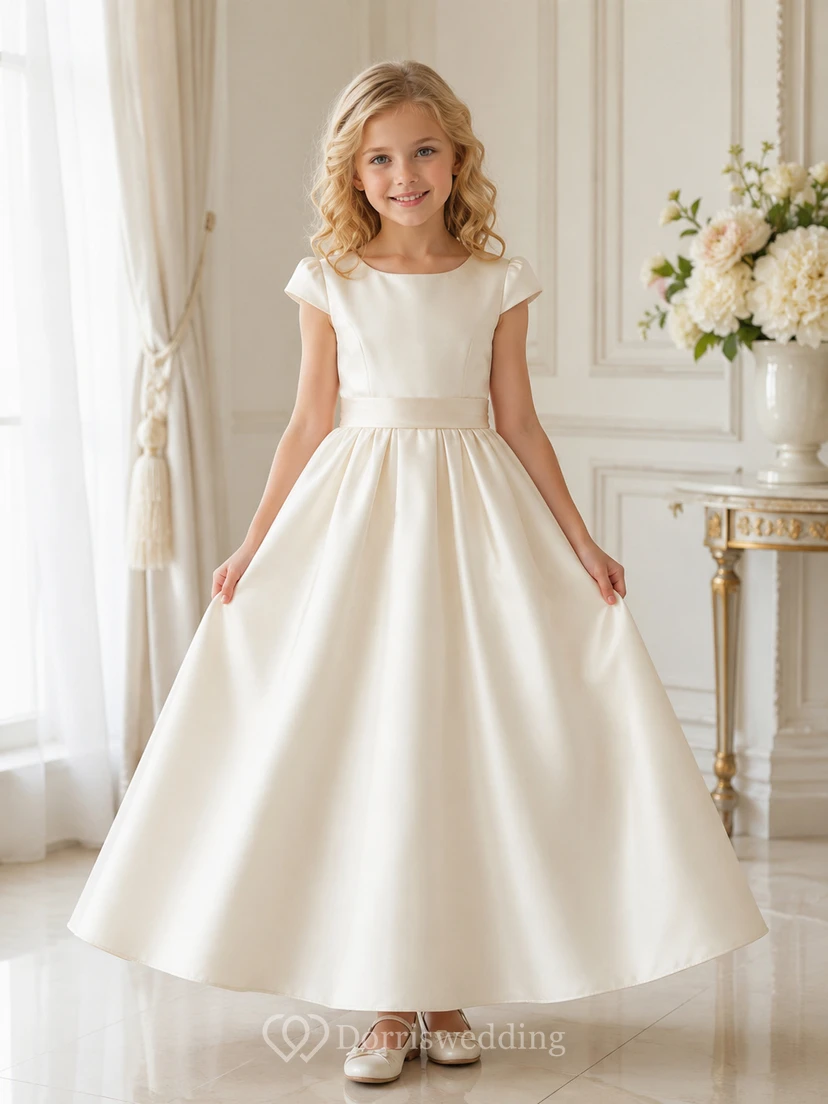 Vestido de niña de flores de satén color marfil con mangas cortas, corte en A, escote joya y falda larga hasta el suelo con detalle de lazo.