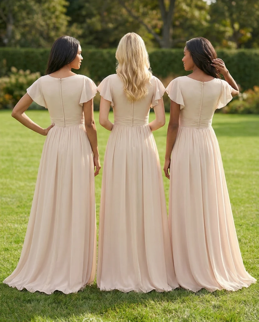 White Chiffon Butterfly Sleeve Bridesmaid Gown view 2