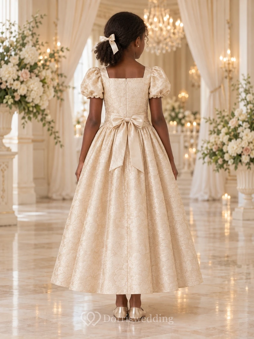 Square-Neck Champagne Floral-textured A-line Puff-sleeve Ankle-length Gathered Bow-back Flower Girl Dress view 2