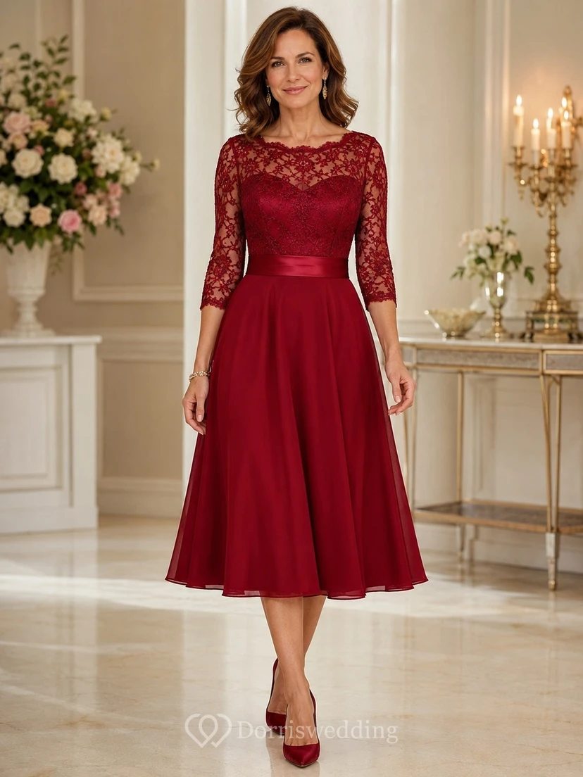Burgundy Anniversary Lace Jewel Neck 3/4 Sleeve Satin A-line Tea-length Formal Dress