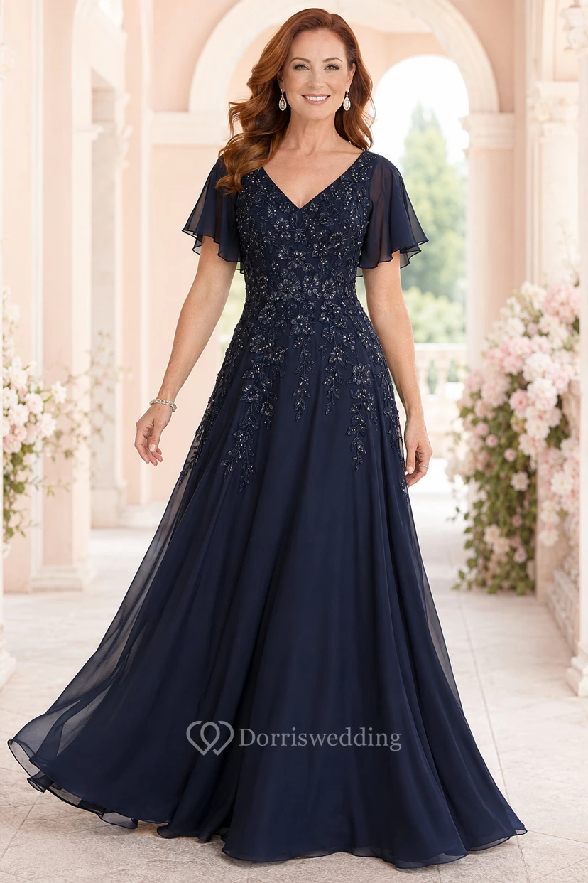 Dark Navy V-Neck Chiffon A-Line Mother Dress with Flutter Sleeves and Lace Bodice
