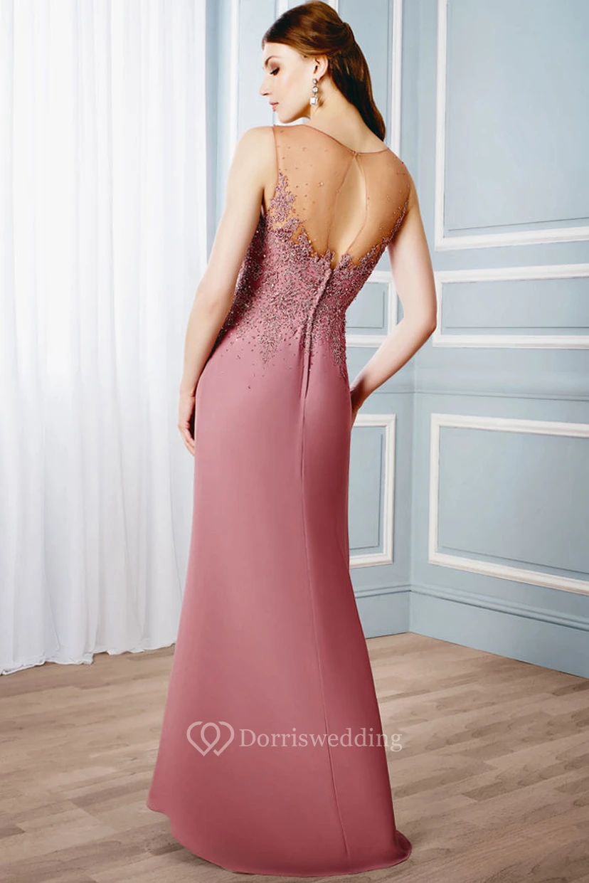Robe de soirée sans manches en jersey à col V et dos illusion, ornée d'appliqués et d'appliqués. view 2