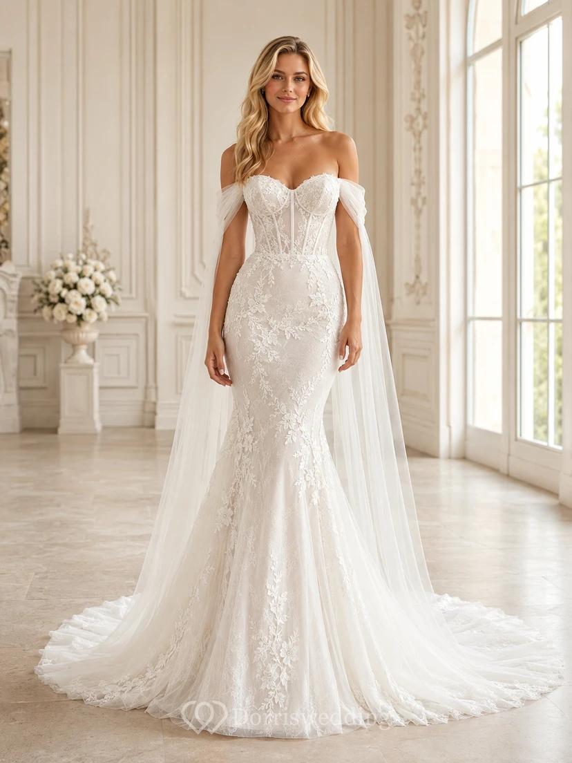 Robe de mariée sirène en dentelle florale à épaules dénudées et manches cape, luxe, traîne chapelle