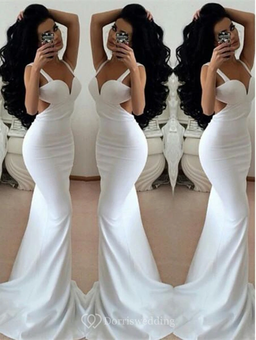 Modern White Mermaid Prom Dresses Backless Sleeveless