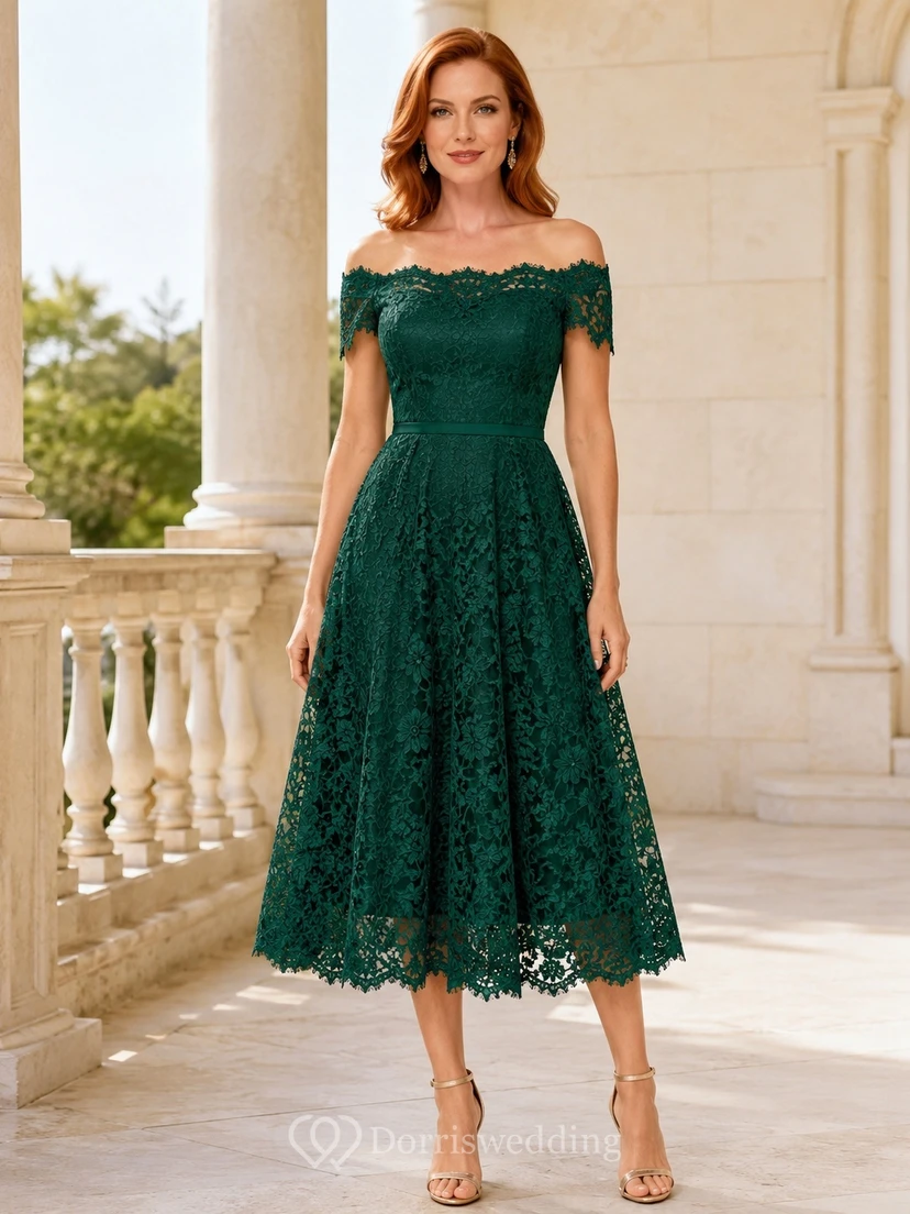 Robe d'invitée trapèze en dentelle émeraude, épaules dénudées, manches courtes, longueur thé