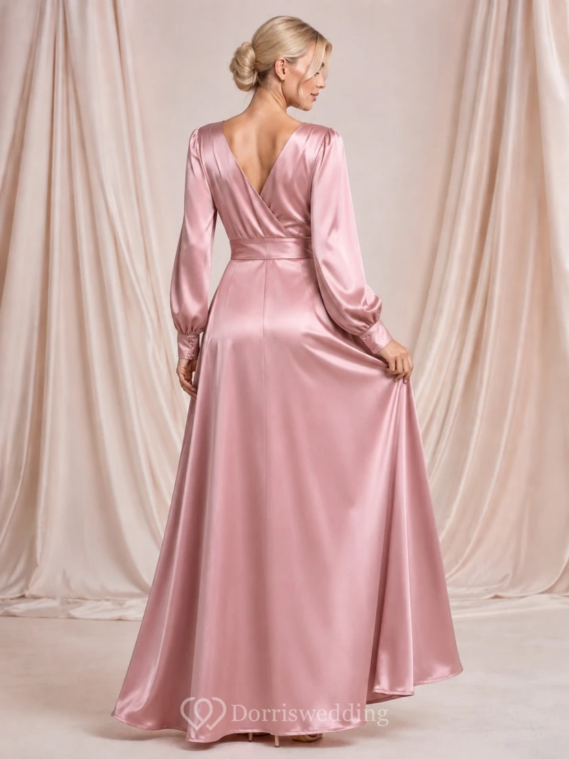 Mauve Cowl Neck Long Sleeve Satin A-Line Floor Formal Dress view 2