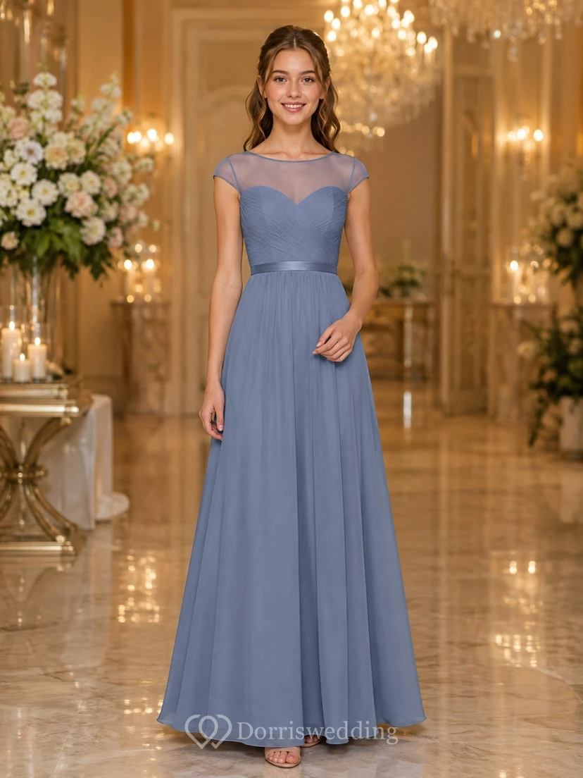Schieferblaues Brautjungfernkleid für junge Damen, A-Linie, herzförmiger Schnitt, kurze Ärmel, plissiert, elegant