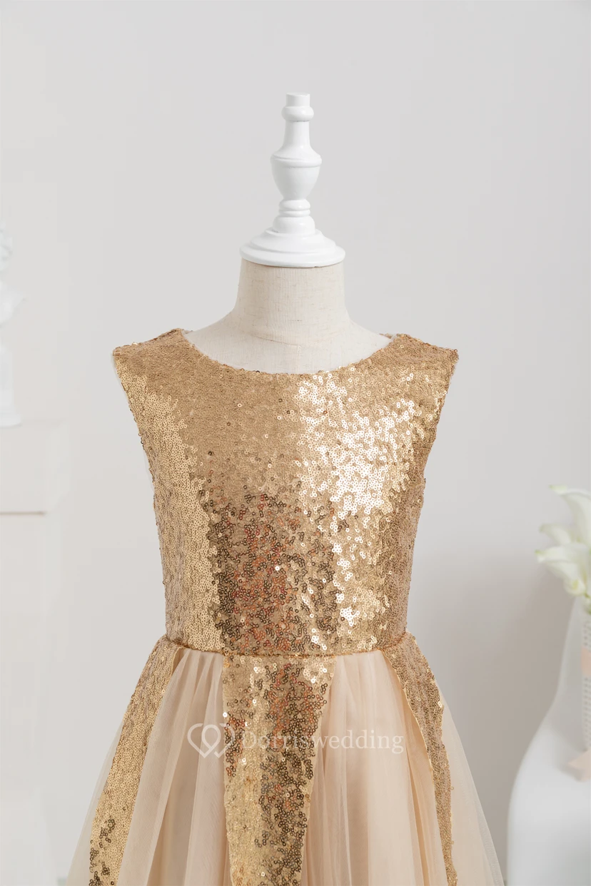 Sequin Tulle A-line Pleated Flowergirl Dress with Zipper Back view 9