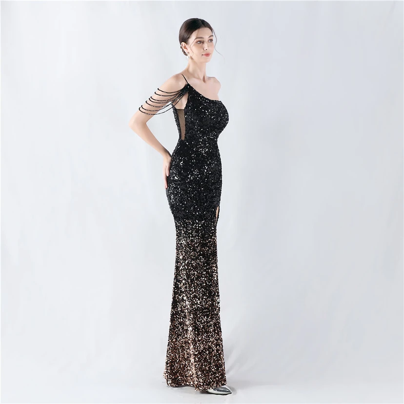 Vestido de noche asimétrico con tirantes, lentejuelas, lentejuelas y bajo de terciopelo degradado de alta densidad view 44