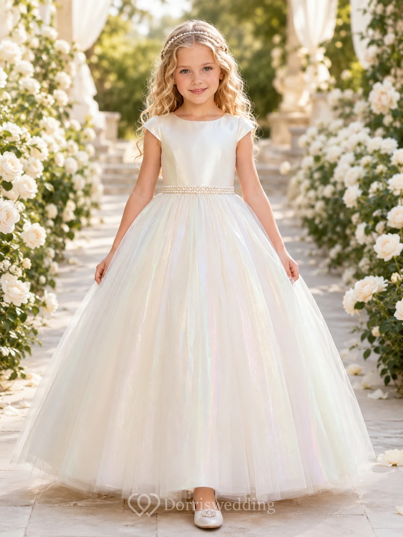 Flower Girl Dress A-Line Cream Iridescent Tulle Cap Sleeve Garden Formal