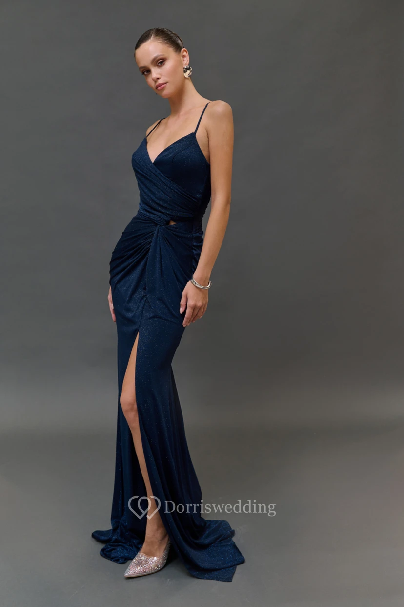 Dark Navy Spaghetti Sheath Ruched Front Split Sexy Dress video preview