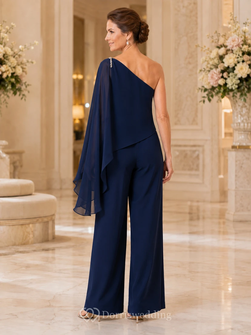 Dark Navy One Shoulder Chiffon Cape Top Wide Leg Two Piece Floor Length Mother Pantsuit view 2