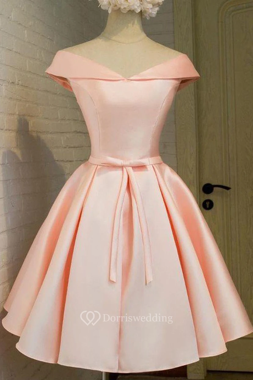 Ballkleid, kurzärmelig, aus Satin, schulterfrei, V-Ausschnitt, Schnürung, wadenlang, Homecoming-Kleid view 3