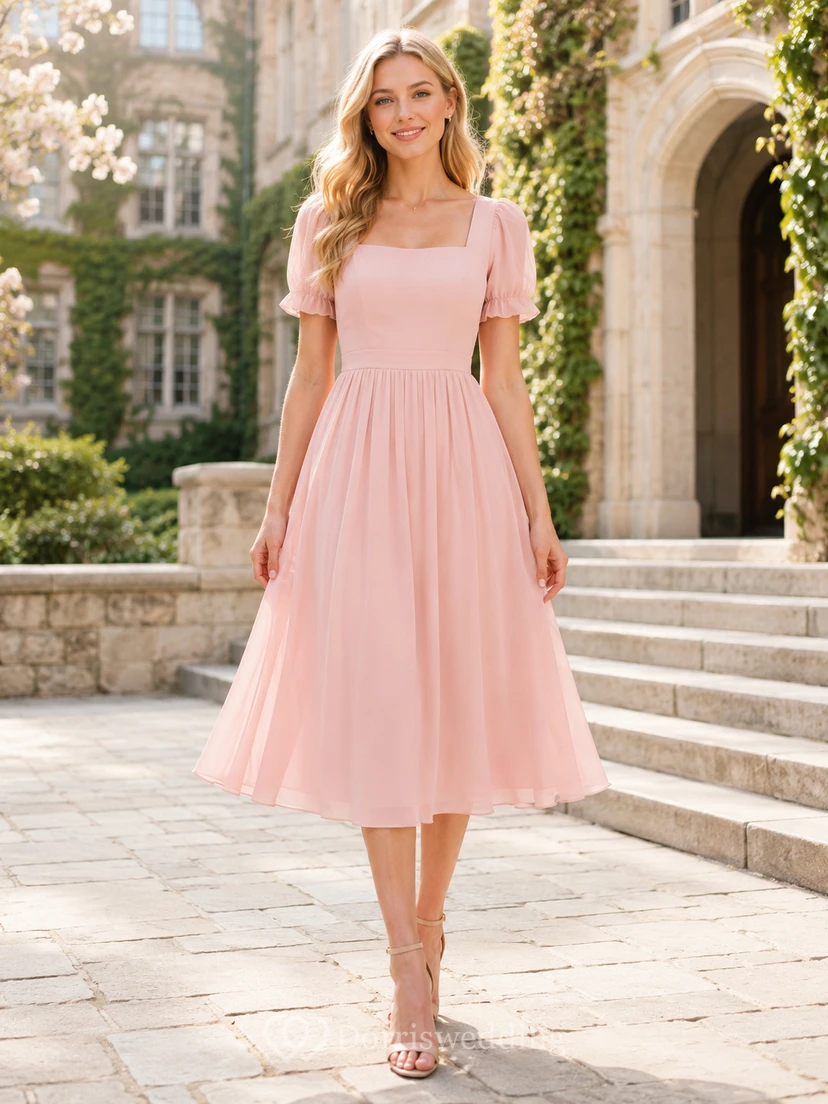 Blush Tulle Square Neck Puff Sleeve Tea-length Dress