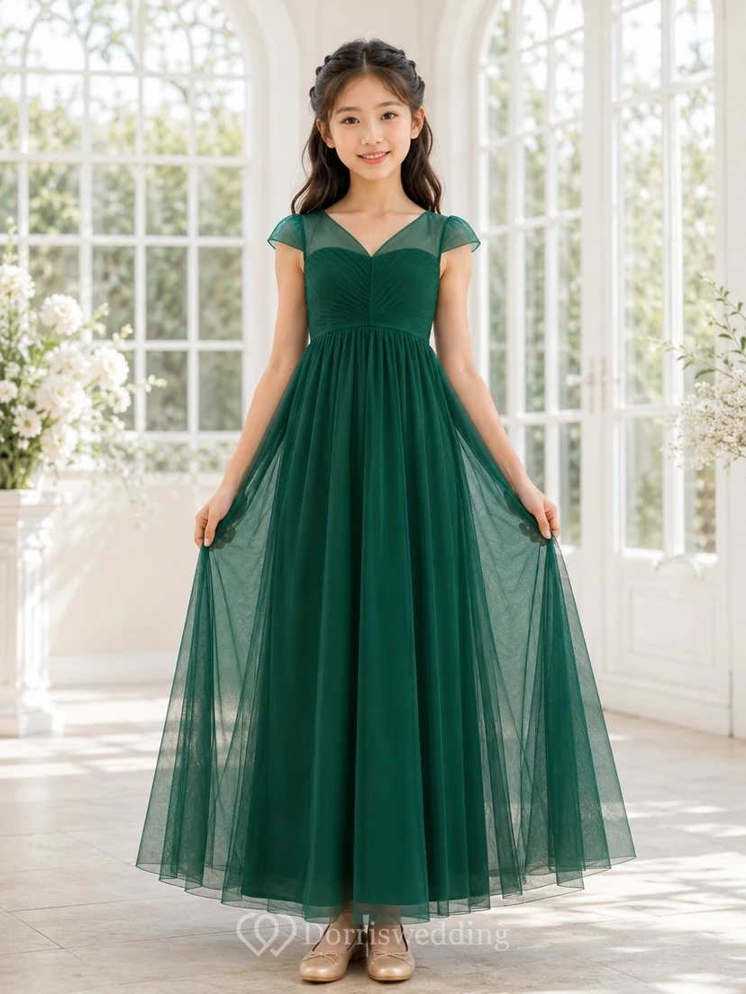 Smaragdgrünes Brautjungfernkleid für junge Mädchen, A-Linie, herzförmiger Schnitt, kurze Ärmel, Tüll, gestuft, romantisch, formell