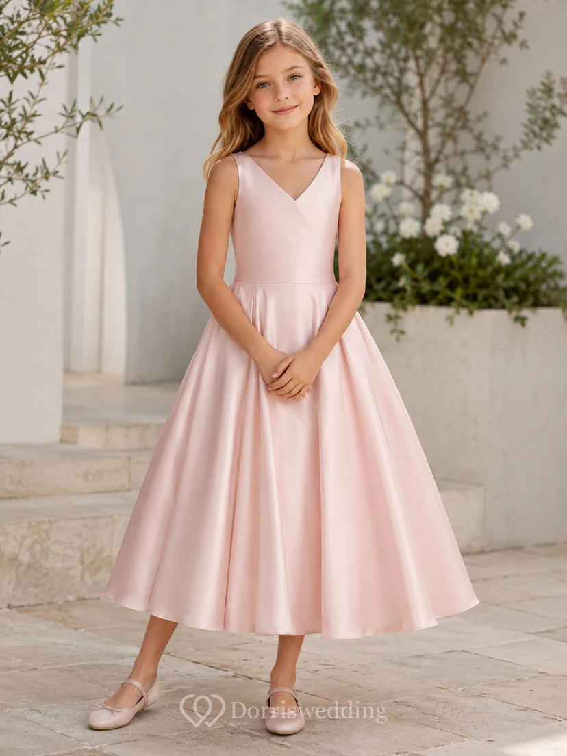 Flower Girl Dress Ivory Satin A-Line Square Neck Tea Length Bow Detail