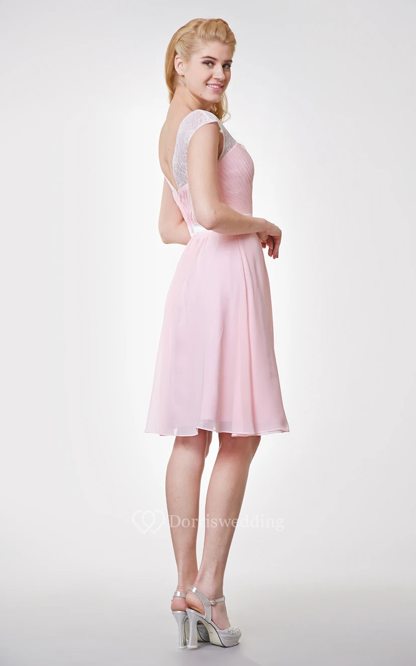 V-neck Knee Length Chiffon Side-draped Dress With Sash view 4