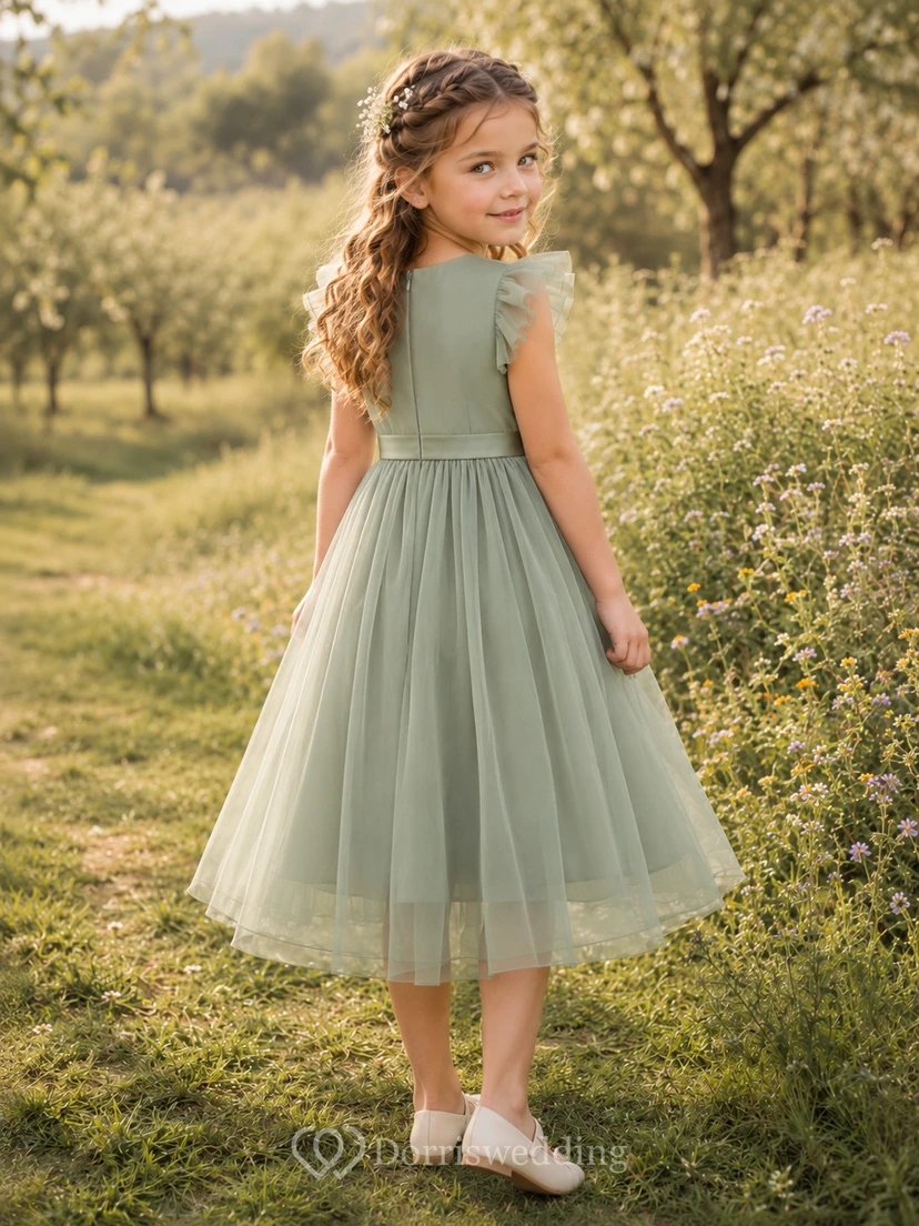 Sage Flower Girl Dress Bohemian Tea-Length A-Line Ruffle Sleeve Embroidered Tulle Satin Waist view 2
