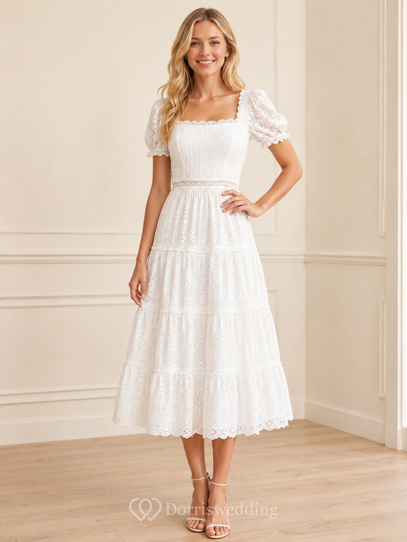 Eyelet Morning White A-Line Tea-Length Square Short-Sleeve Lace Vintage Homecoming Dress