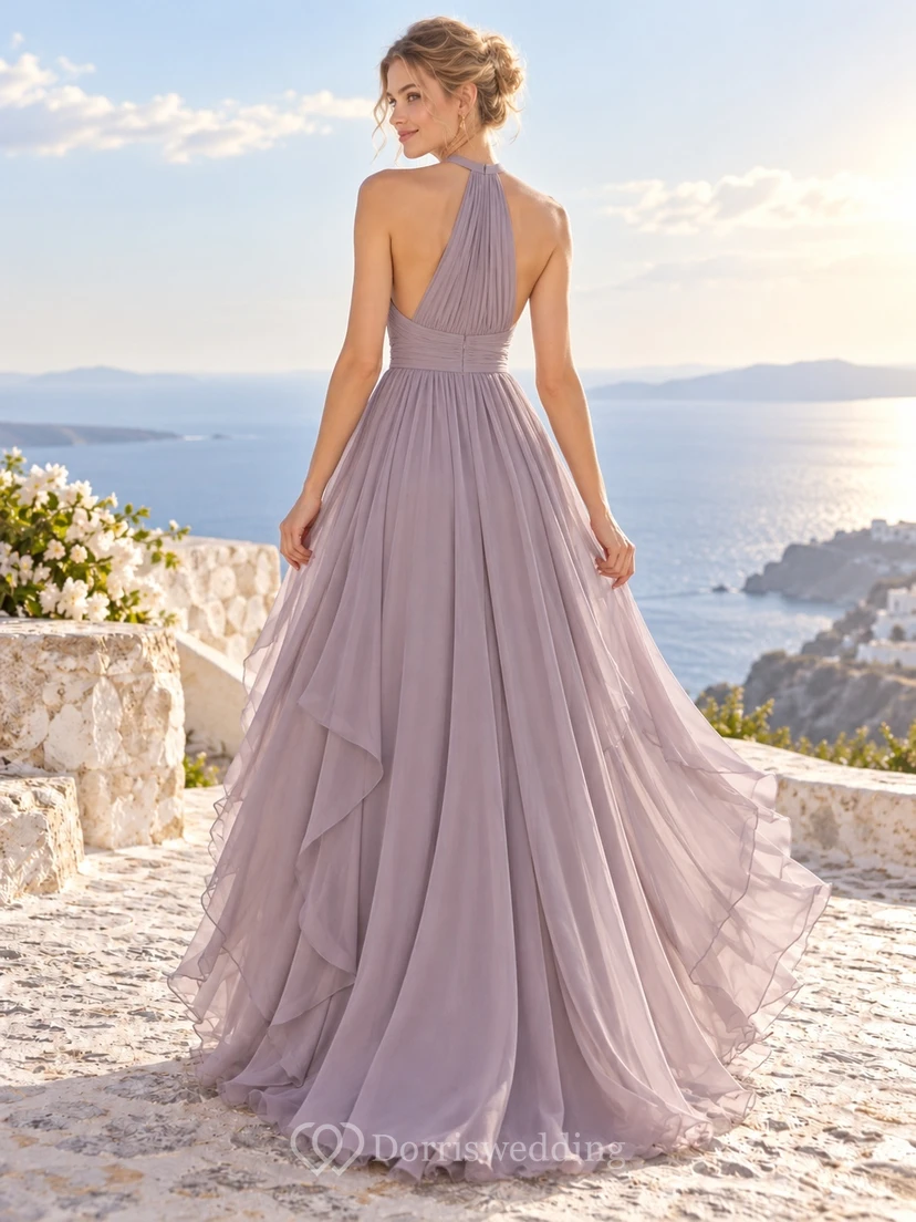 Ethereal Lavender Halter High Neck Ruffled Chiffon Long Bridesmaid Dress view 2