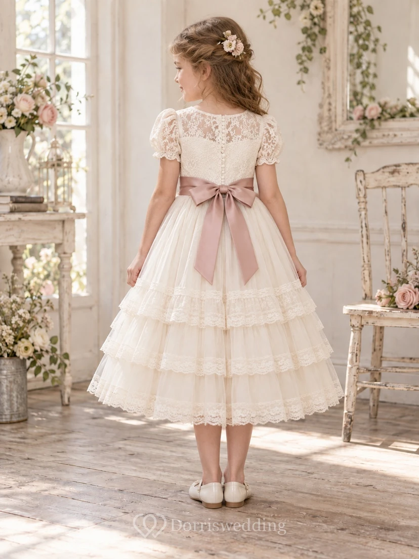 Vestido de niña de flores de corte A, largo hasta la rodilla, color marfil, estampado floral, tul, mangas cortas, volantes y fajín de rosas. view 2
