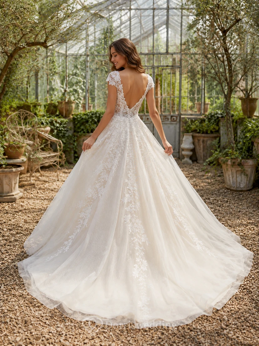 Garten-Brautkleid mit schulterfreiem Schnitt, Spitzenapplikationen und A-Linie view 2
