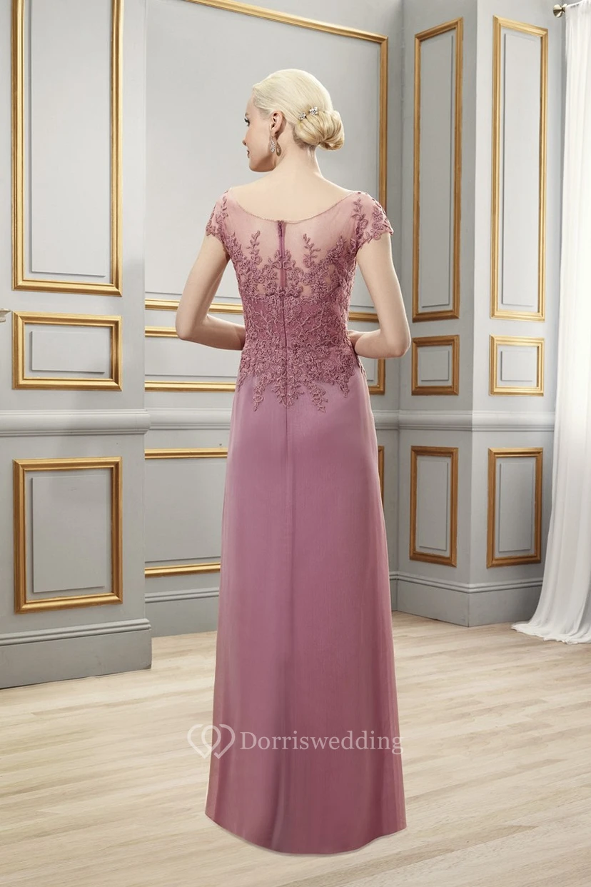 Abendkleid aus Satin-Chiffon mit kurzen Ärmeln, bodenlangem, drapiertem eckigem Ausschnitt und Applikationen view 2