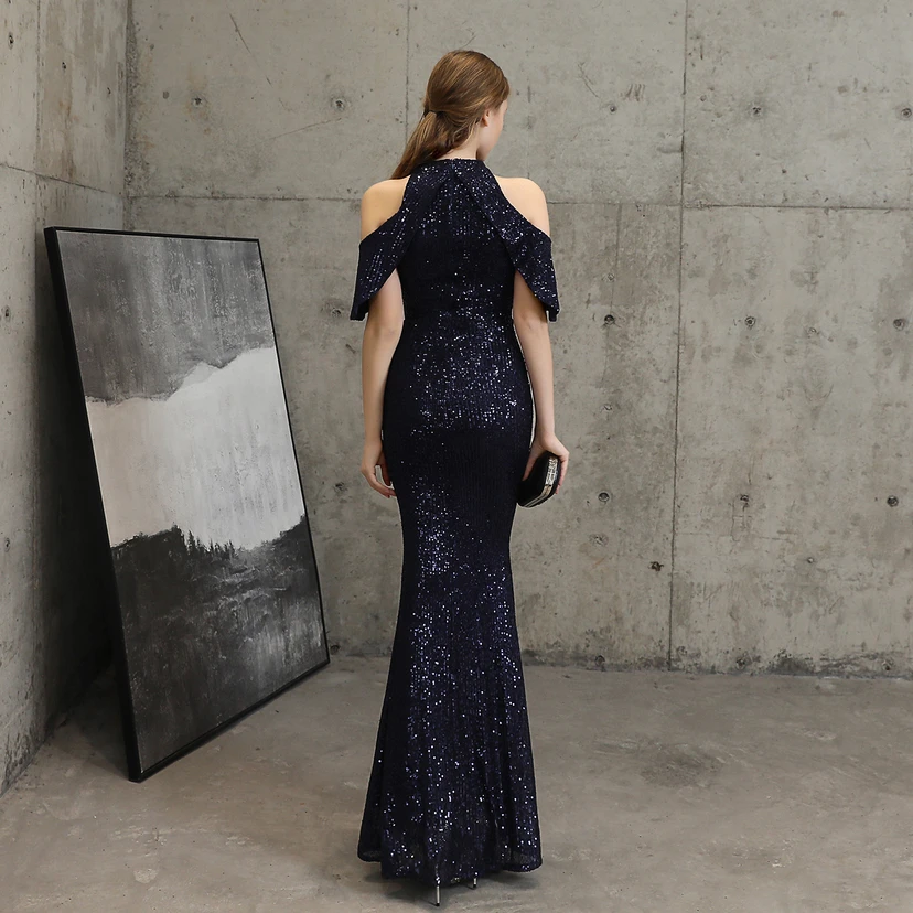 Banquet Temperament Elegant Long Short-Sleeved Sequin Aura Queen Fishtail Evening Dress view 28