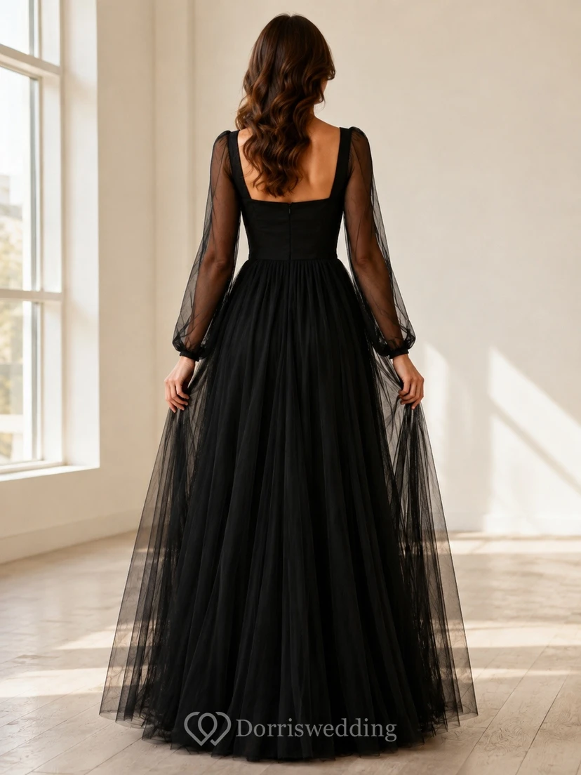 Black Square Neck Illusion Long Sleeve Tulle Floor Length Formal Dress view 2