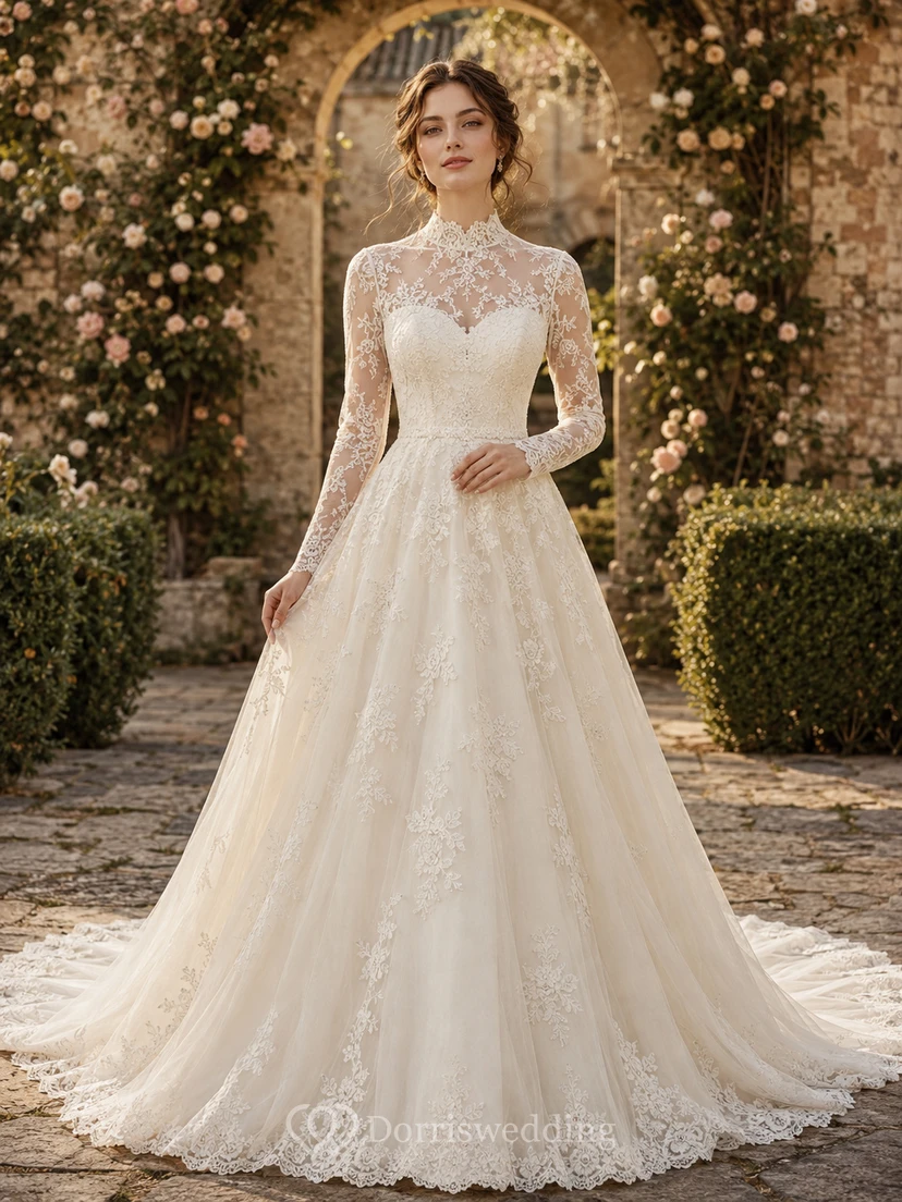 Modest Lace Tulle Wedding Dress A-Line High Neck Long Sleeve Chapel Train Bridal Gown
