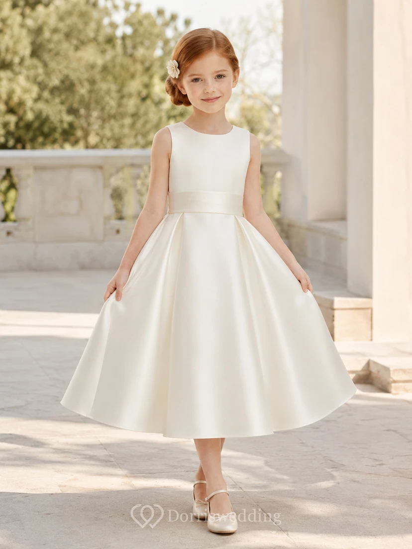 Vestido de niña de flores minimalista de satén blanco de lujo con pliegues, corte en A, sin mangas, cuello joya y falda hasta la rodilla.