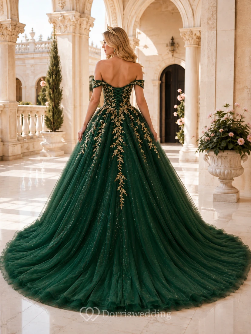 Dunkelgrünes schulterfreies, perlenbesetztes Tüll-Ballkleid mit Applikationen – Luxus-Stil für Quinceañeras view 2