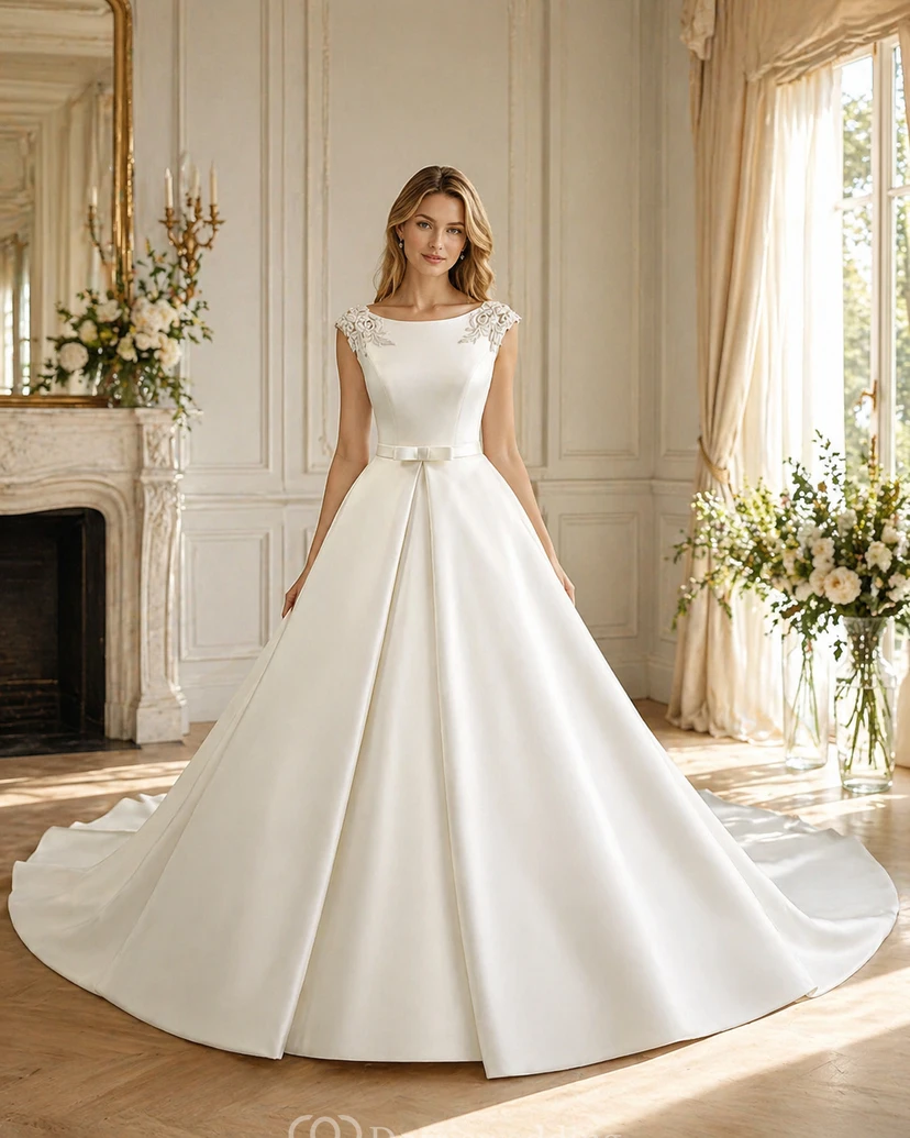 Elegantes, einfarbiges Ballkleid aus Satin im Prinzessinnenstil mit Perlenbesatz an Schulterklappen, Korsettrücken und Schleppe view 3