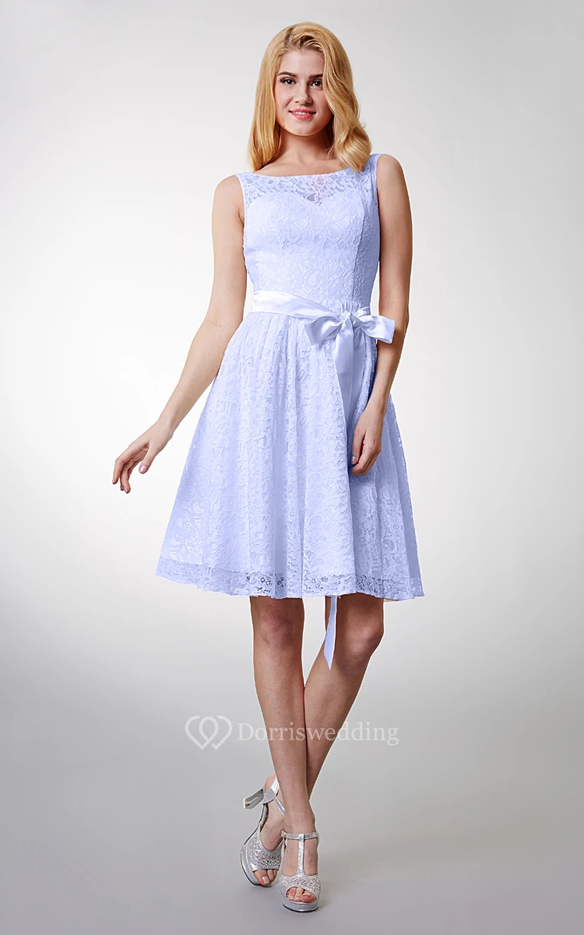 Lovely Sleeveless Short Lace Dress With Bow Sash view 3