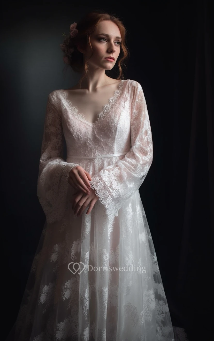 V-neck Lace Puff-long-sleeve A-line Tulle Vintage Wedding Dress