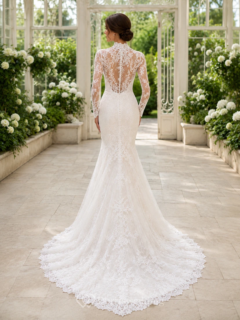 Modest High Neck Long Sleeve Allover Lace Mermaid Illusion Back Chapel Gown view 2