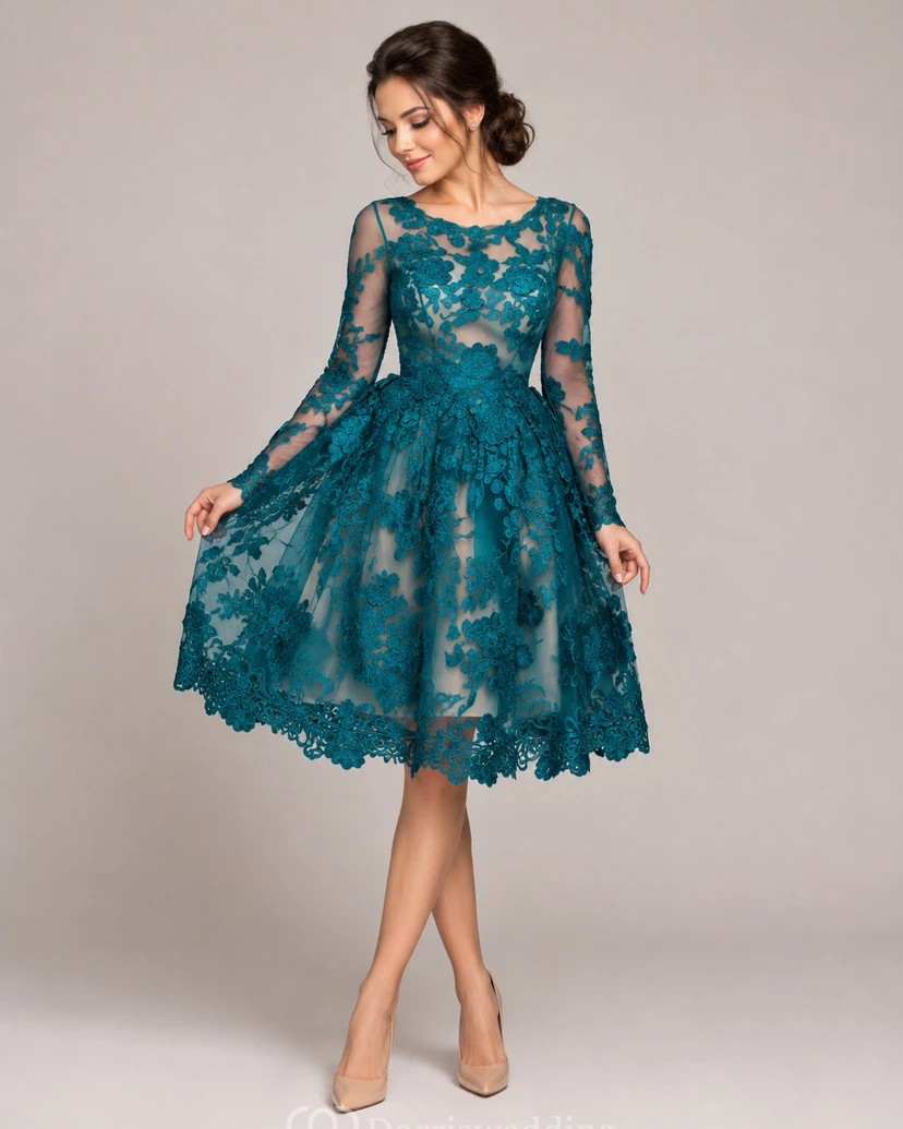 Zartes, ruyalblaues Applikations-Abendkleid mit langen Ärmeln view 16