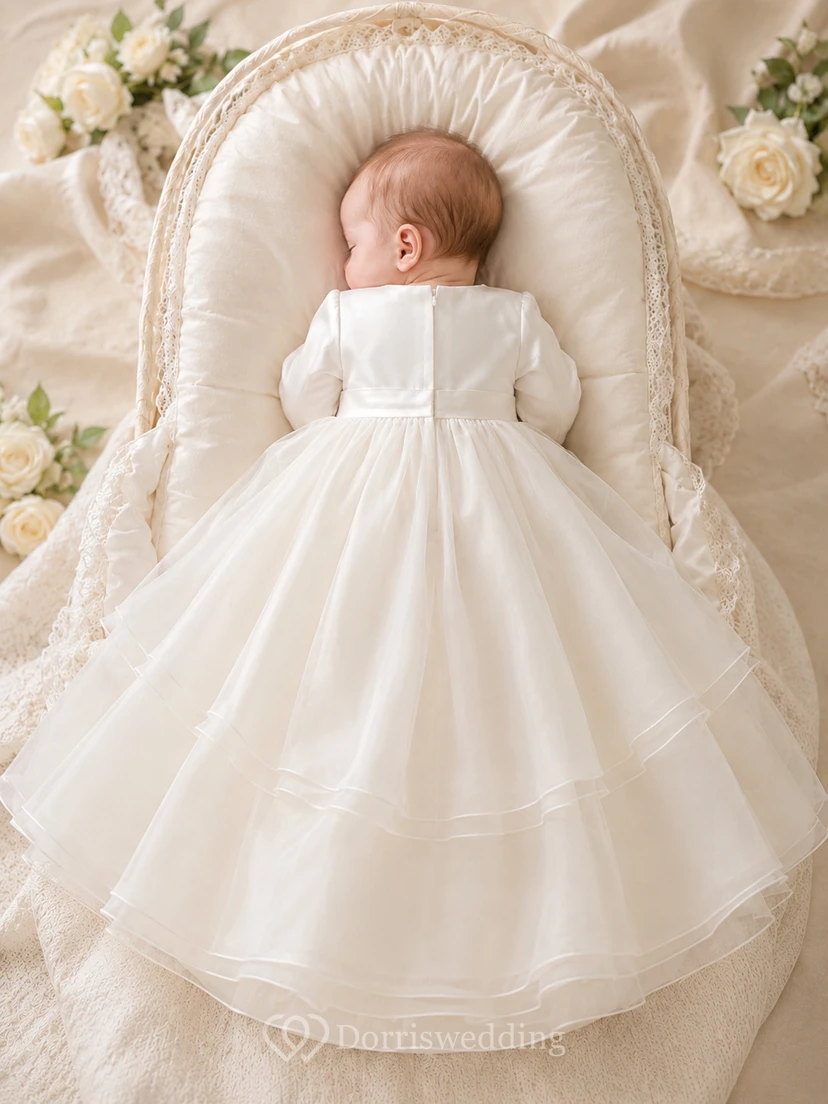 Satin-Oberteil, Organza-Rock, Taufkleid für Neugeborene, A-Linie, lange Ärmel, schlicht view 2
