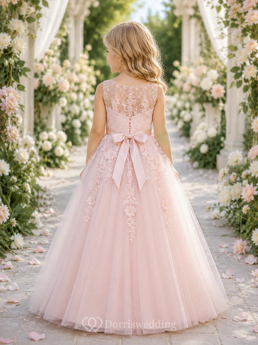Blumenmädchenkleid aus rosafarbenem Tüll, A-Linie, Rundhalsausschnitt, Teelänge, florale Applikationen view 2