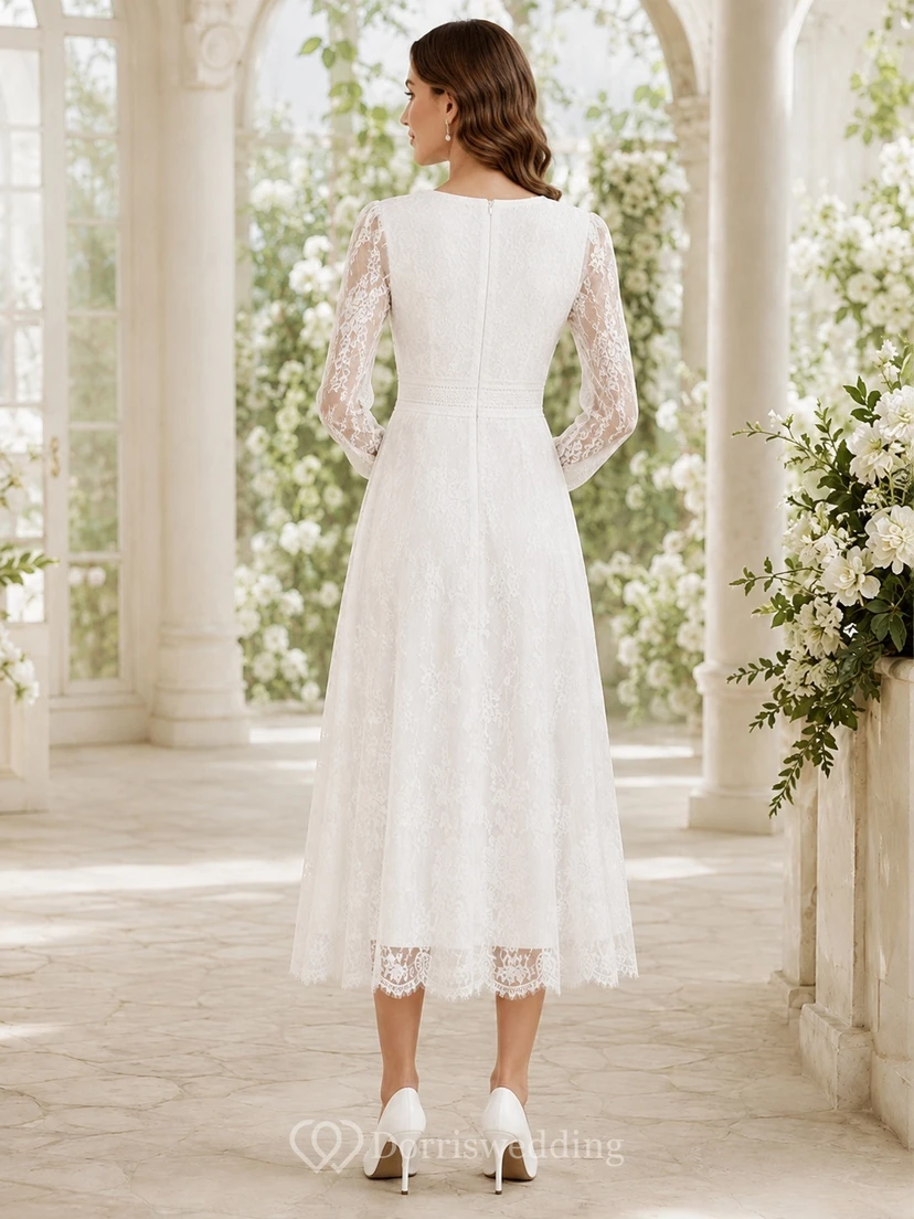 Civil Courthouse Modest Long Sleeve V-Neck Lace A-Line Tea-Length Wedding Dress view 2