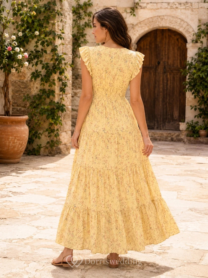 Gelbes Boho-Kleid im Landhausstil mit Blumenmuster, V-Ausschnitt, kurzen Ärmeln und Knöchellänge view 2