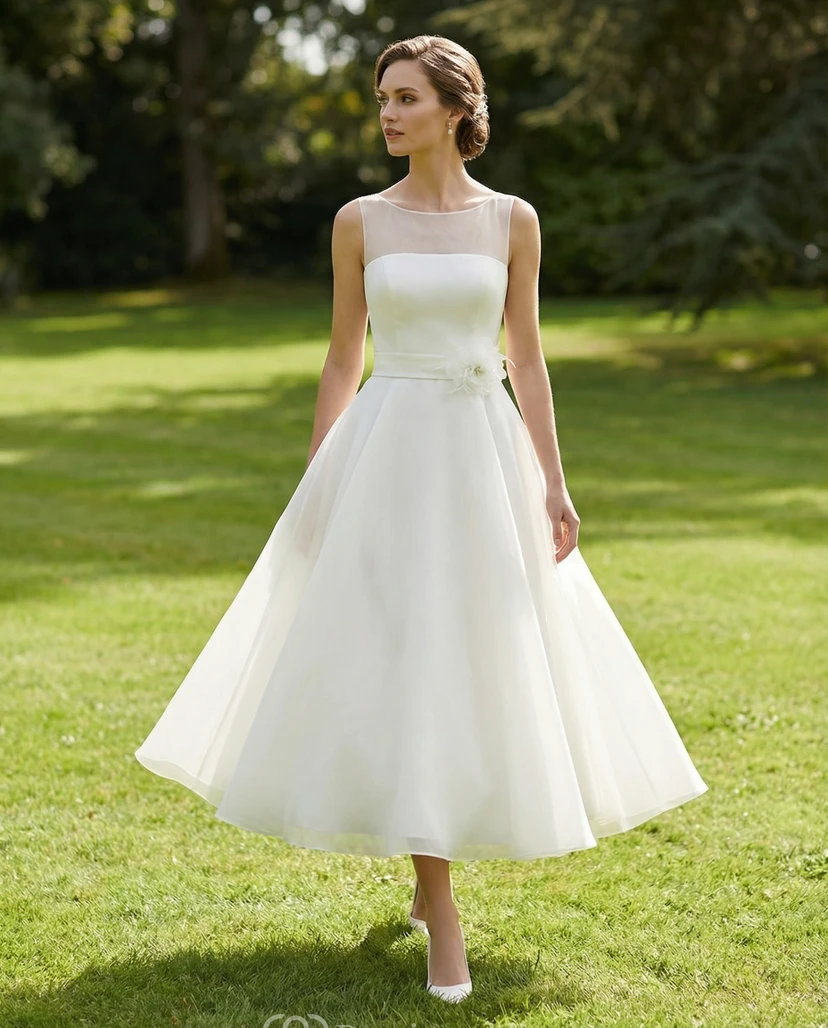 Vestido de novia de largo midi con escote ilusión y detalles florales