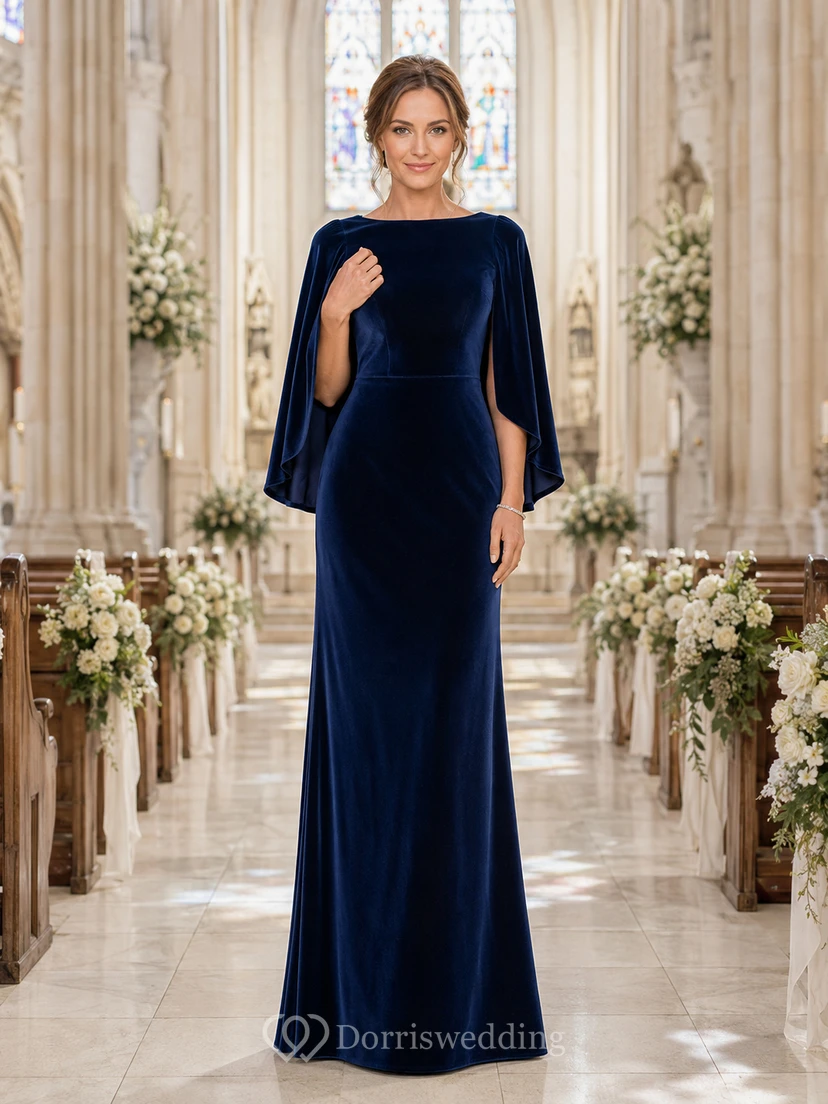 Robe fourreau courte en velours bleu marine foncé, style bateau, à la coupe cape.