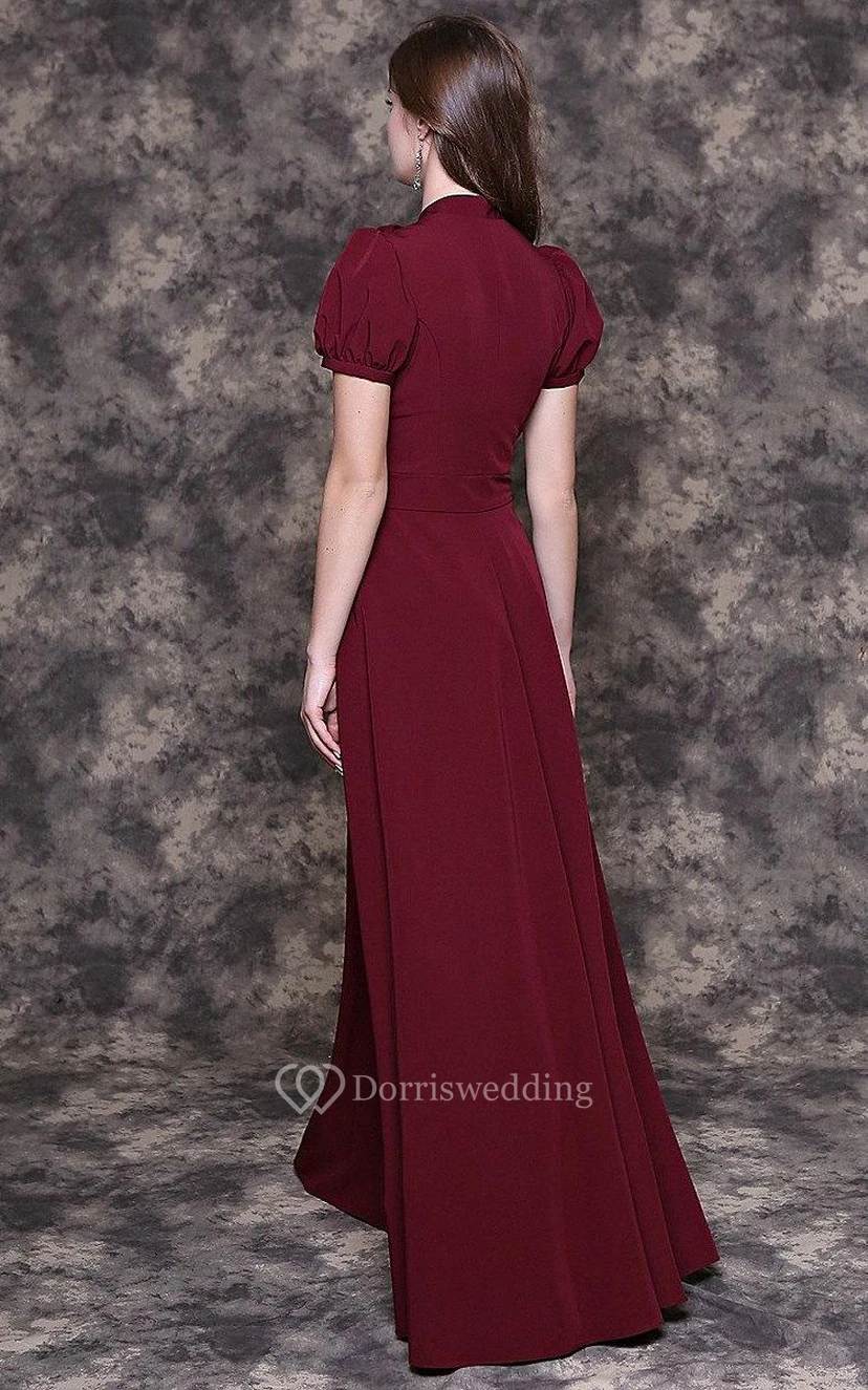 Langes Jerseykleid in A-Linie mit Schleifenkragen, Puffärmeln und Schlüssellochausschnitt view 4