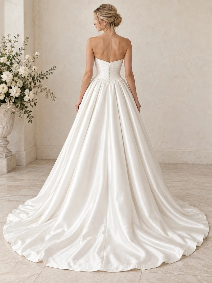 Vestido de novia sencillo sin tirantes, escote corazón, cintura vasca, satén drapeado y cola capilla. view 2