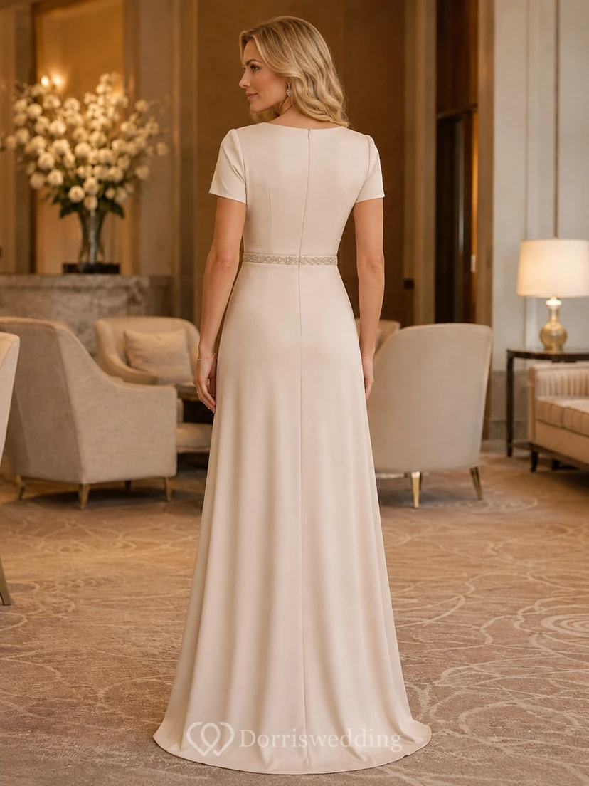 Full Skirt Champagne Satin V-Neck Short Sleeve Sheath Floor Length Evening Dress view 2