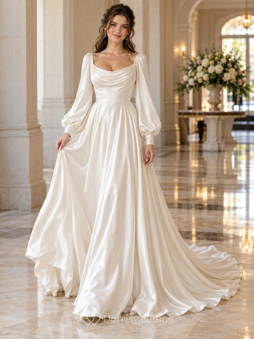 Long Poet Sleeve Cowl Neck Satin A-Line Bridal Wedding Dress