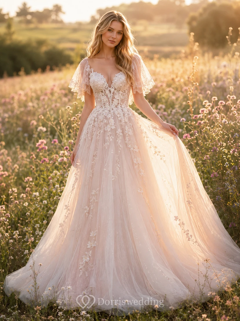 Whimsical Fairy Flutter Sleeve Floral Tulle A-Line Wedding Dress